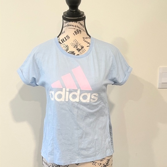 Adidas Girl's Light Blue T-Shirt with Pink Logo, XL (16) - Picture 1 of 5